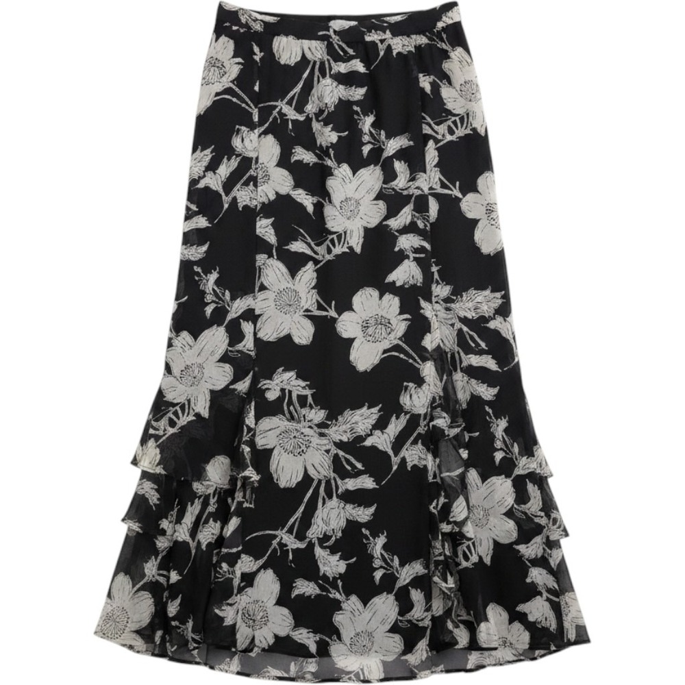 Charter Club Woman Black White Floral Chiffon Ruffle Asymmetrical Midi Skirt